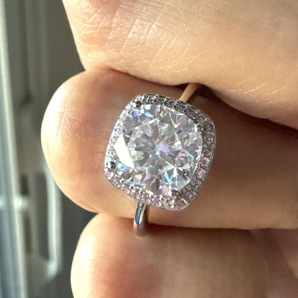 2.5CT Moissanite Cushion Halo Ring D Color Rhodium Plated Size 6